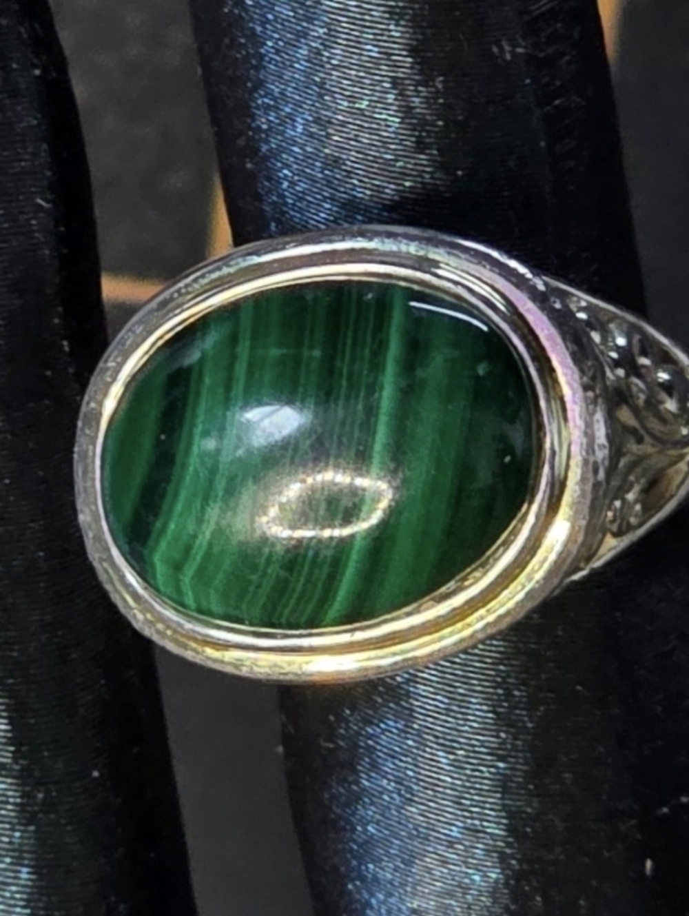 Vintage Sterling Silver Malachite Filigree Ring